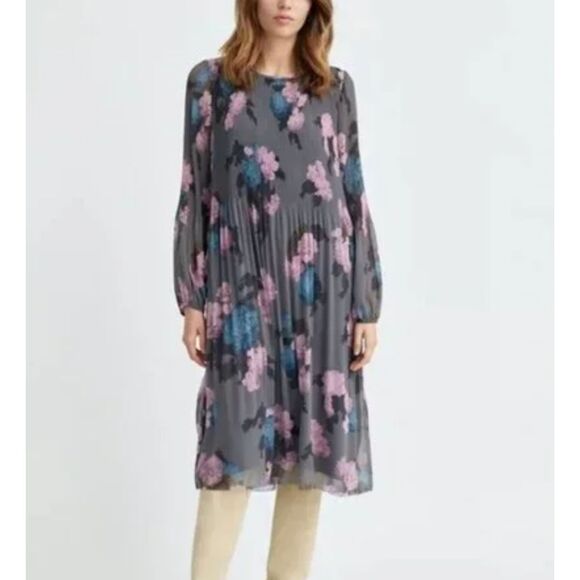 ARITZIA Wilfred Daydreamer Pleated Foral Midi Dress‎ Gray Sz XS